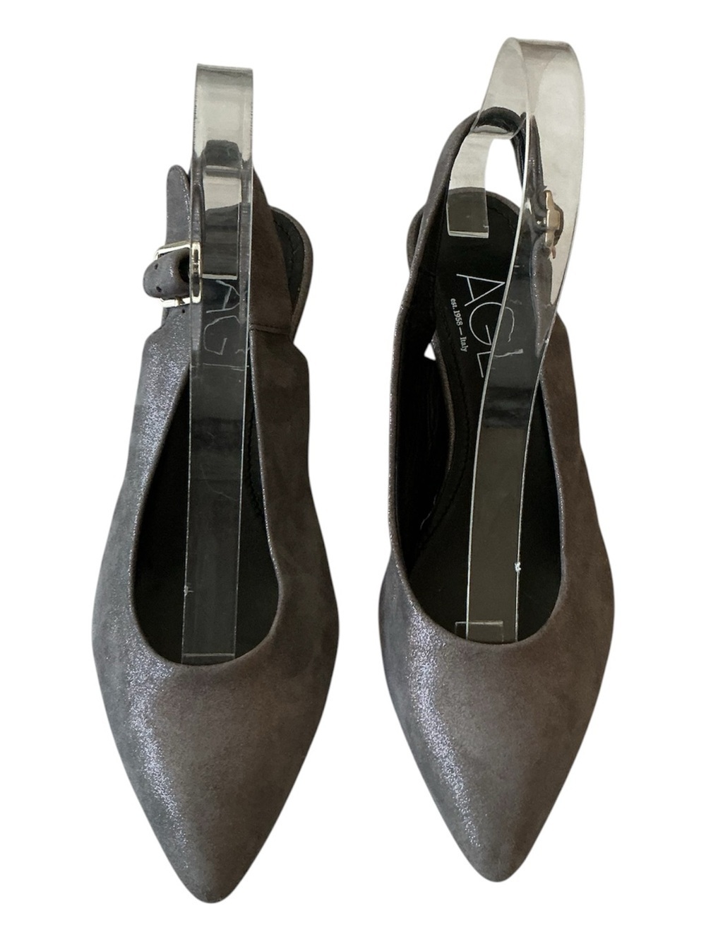 AGL Leather Pointed Slingback Pumps Block Heel Metallic Silver Grey Suede Sz 37